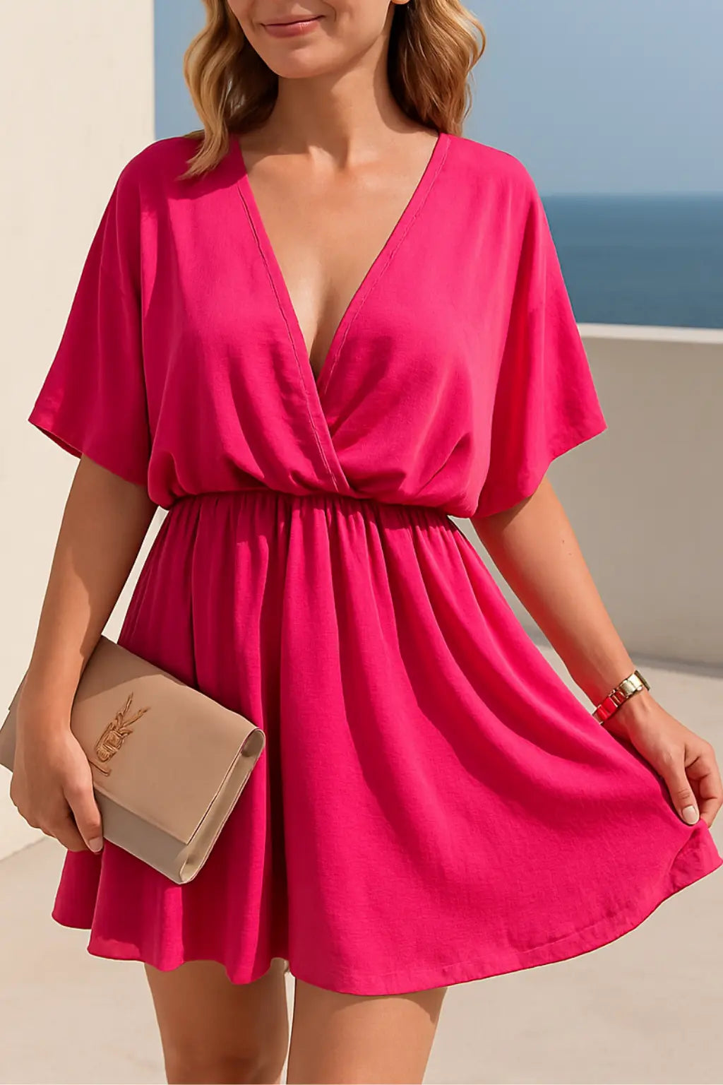 Dames Sexy Zomer Mini Jurk, Korte Mouw A-lijn Casual Zomer Strand Feest Jurk | VIQA VIQA© NEDERLANDRoze / XL