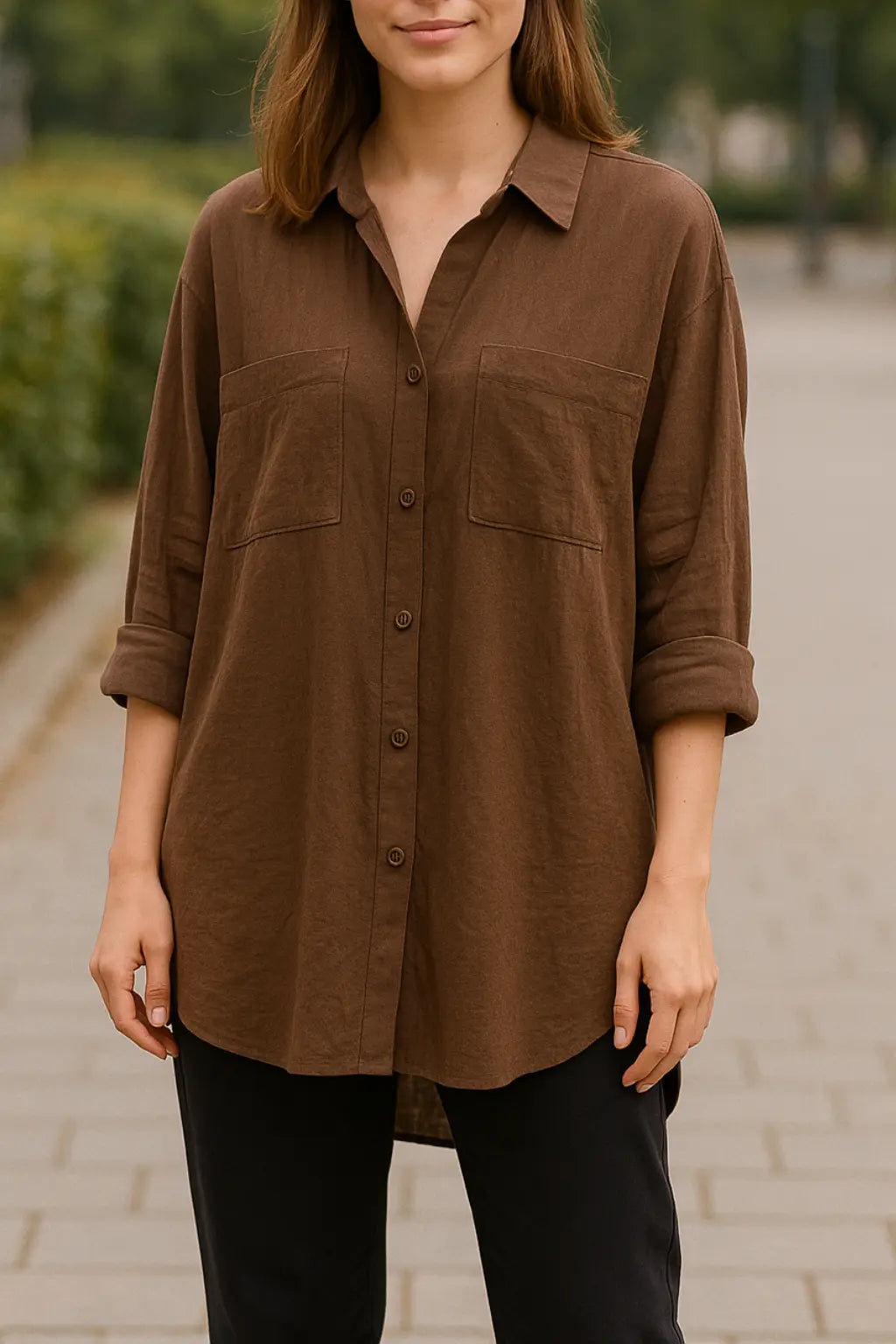Dames Lange Mouw Shirt, Turn Down Kraag Stevige Blouse, Single Breasted Mid Lengte Top | VIQA VIQA© NEDERLANDBruin / 2XL