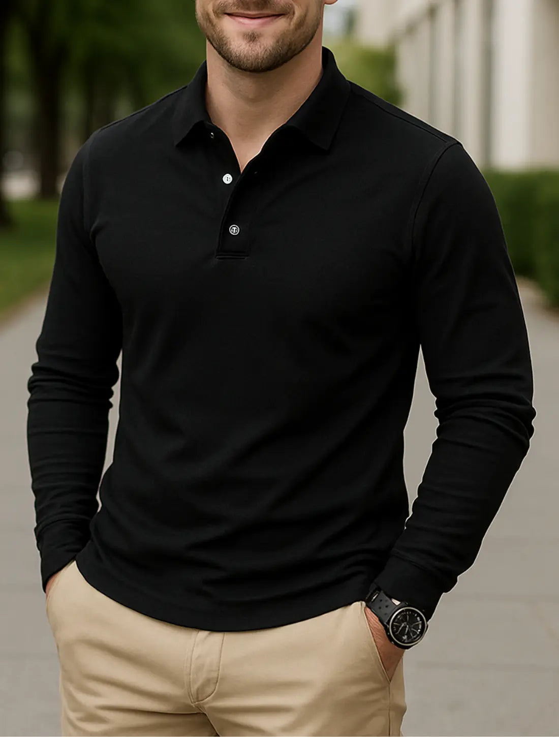 Effen Poloshirt Voor Heren, Aakelijke Casual Top Met Lange Mouwen, Reis- En Outdoor Vrijetijdskleding | VIQA VIQA© NEDERLANDZwart / 2XL