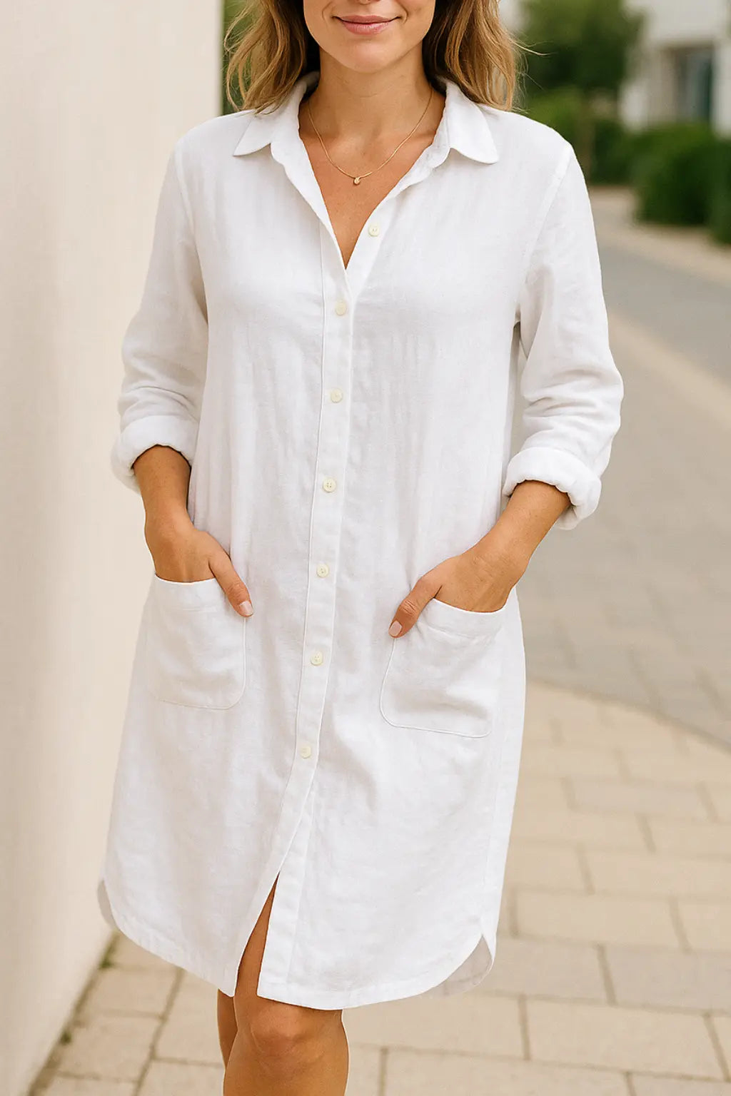 Dames Katoen Linnen Lange Overhemd Jurk, Multi-knoop Vest Top | VIQA VIQA© NEDERLANDWit / 2XL