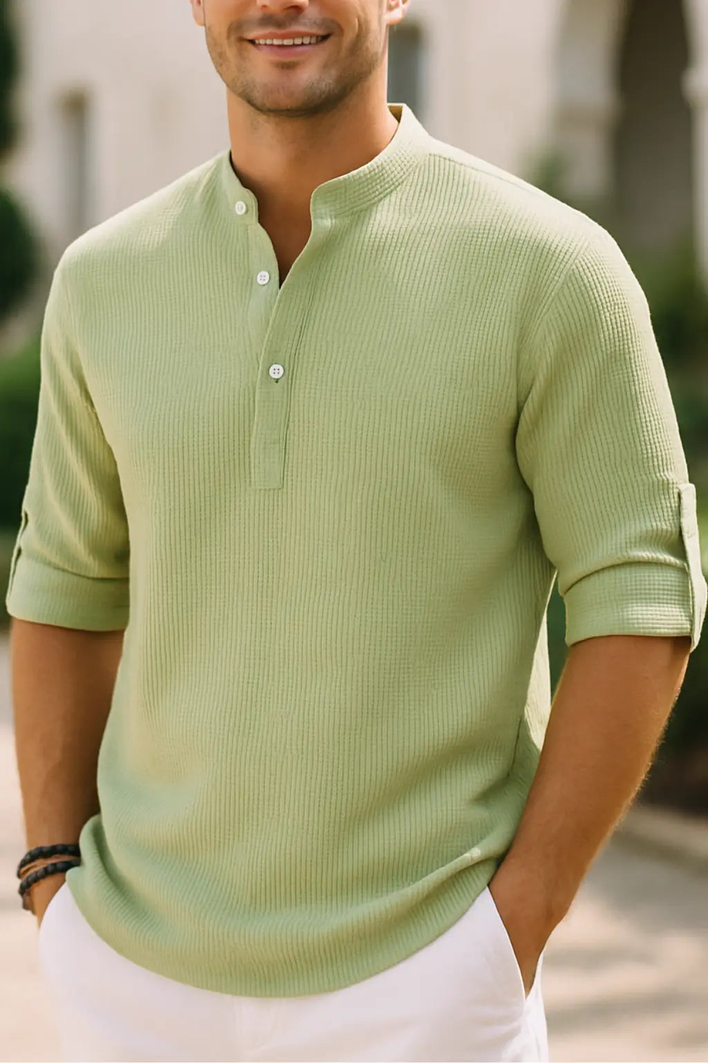 Heren Katoenen Linnen Overhemd, Lange Mouwen Effen Kleur Casual Strand Top Met Staande Kraag | VIQA VIQA© NEDERLANDGroen / 2XL