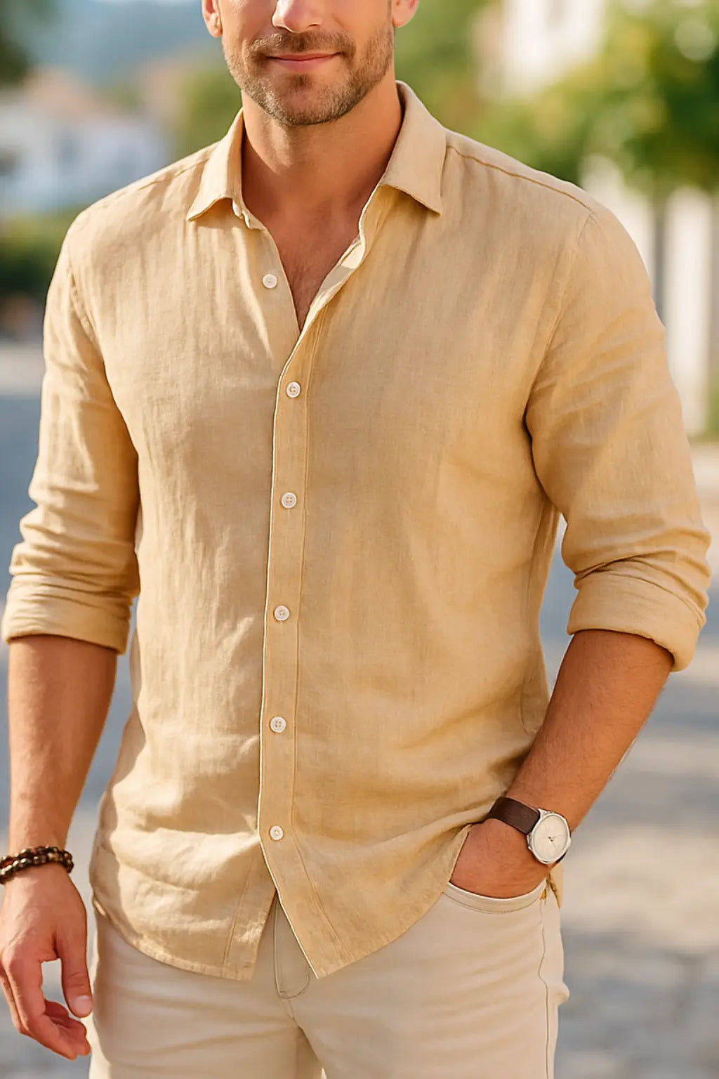 Herenkatoenen Linnen Overhemd, Lange Mouwen, Effen Kleur, Casual Stijl | VIQA VIQA© NEDERLANDKaki / 2XL