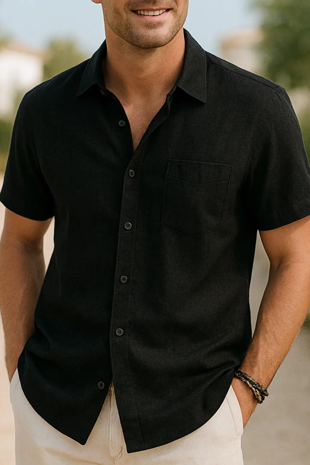 Heren Katoen Korte Mouw Shirt, Zomer Casual Effen Kleur Top | VIQA VIQA© NEDERLANDZwart / 2XL