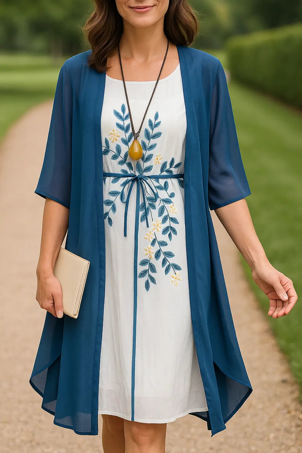 Dames 2-Delige Midi-Jurkenset, Bloemenjurk Zonder Mouwen Met Lang Vest, Outfit Voor Bruiloftsgasten | VIQA VIQA© NEDERLANDWit / 2XL