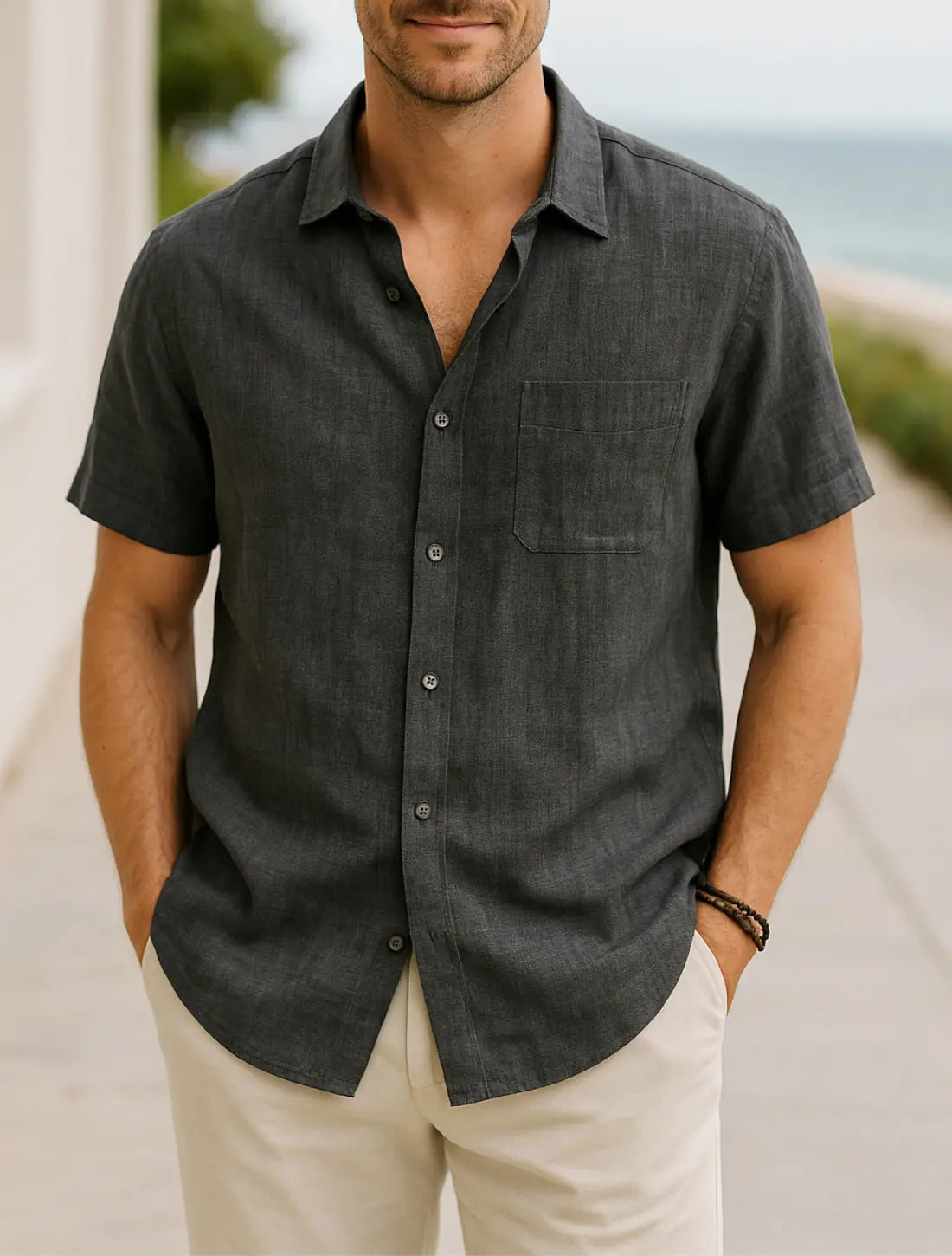 Heren Katoenen Linnen Shirt Met Korte Mouwen, Zomerse Casual Strandkleding, Effen Kleur Gedraaide Kraag | VIQA VIQA© NEDERLANDGrijs / 2XL