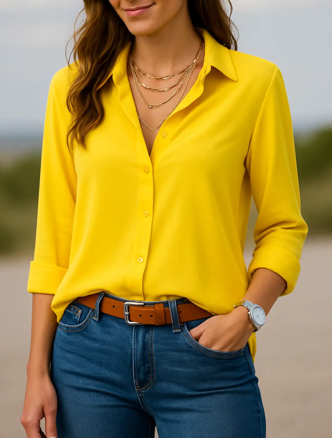 Dames Zomer Blouse, Lange Mouw Elegant Kapsel Shirt, Los Fit Kantoor Tuniek Top | VIQA VIQA© NEDERLANDGeel-2XL