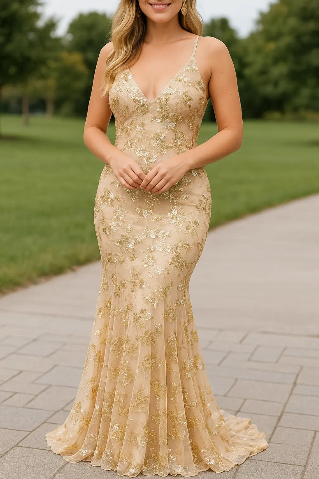 Dames Pailletten Bodycon Maxi Jurk, Sexy V-hals Spaghettibandjes Rugloze Avond Feestkleding | VIQA VIQA© NEDERLANDGoud / XL