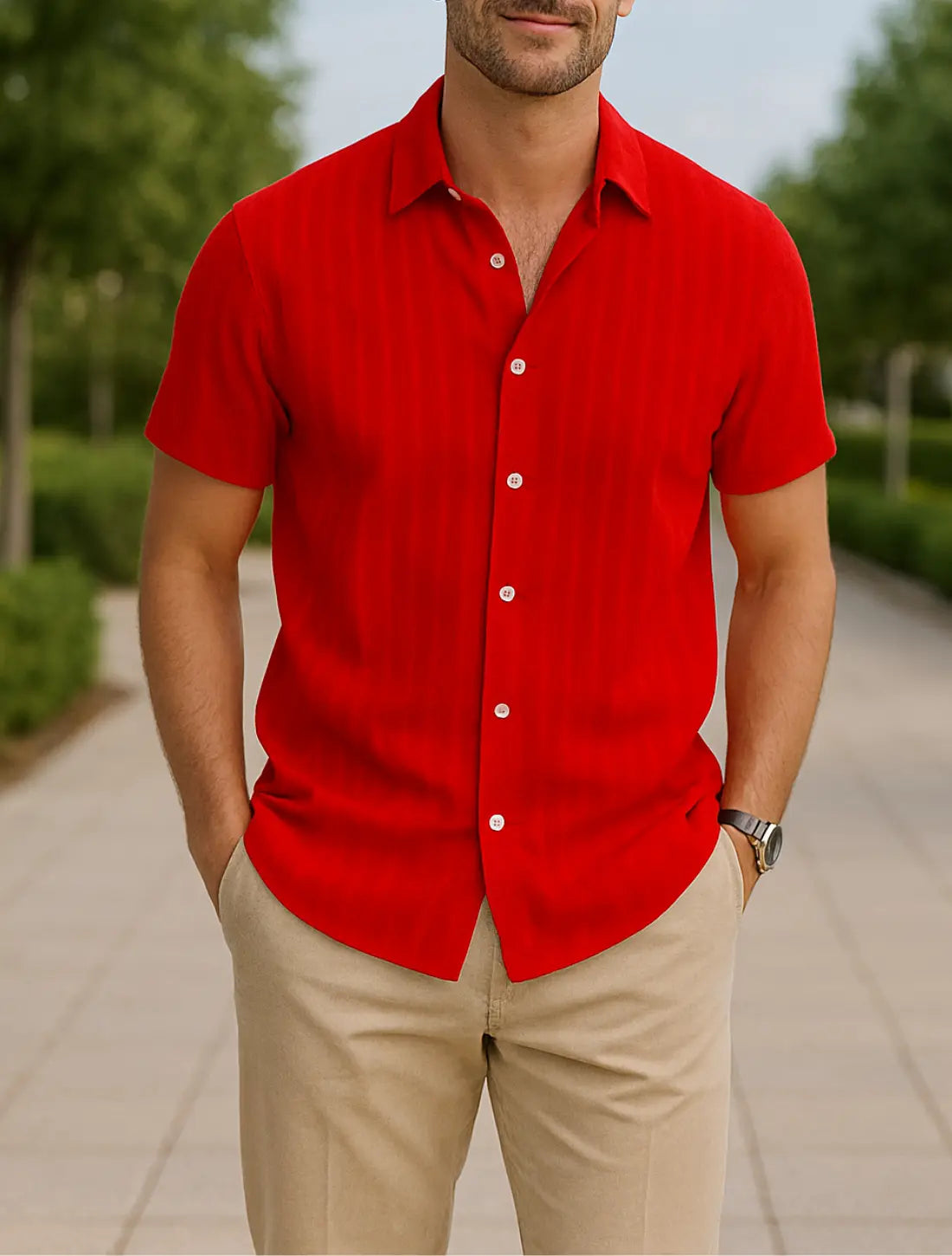 Heren Gestreept Shirt, Korte Mouwen, Losse Pasvorm, Casual Veelkleurige Zomertop | VIQA VIQA© NEDERLANDRood-2XL