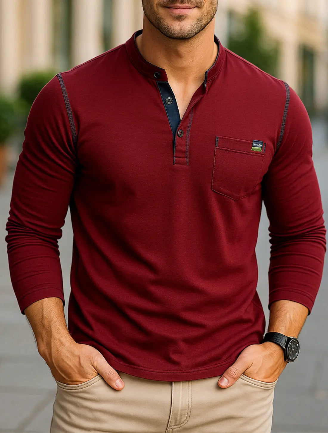 Heren Henley Shirt Met Lange Mouw, Katoenen Pullover T-shirt Met Zak, Casual Top | VIQA VIQA© NEDERLANDRood-2XL