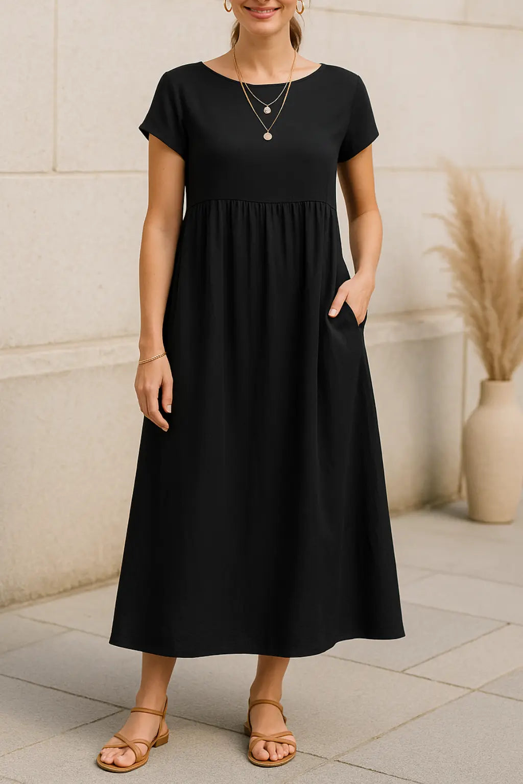 Dames Maxi Jurk, Elegante Korte Mouwen Zomer Lange Jurk Met Zakken | VIQA VIQA© NEDERLANDZwart / 2XL