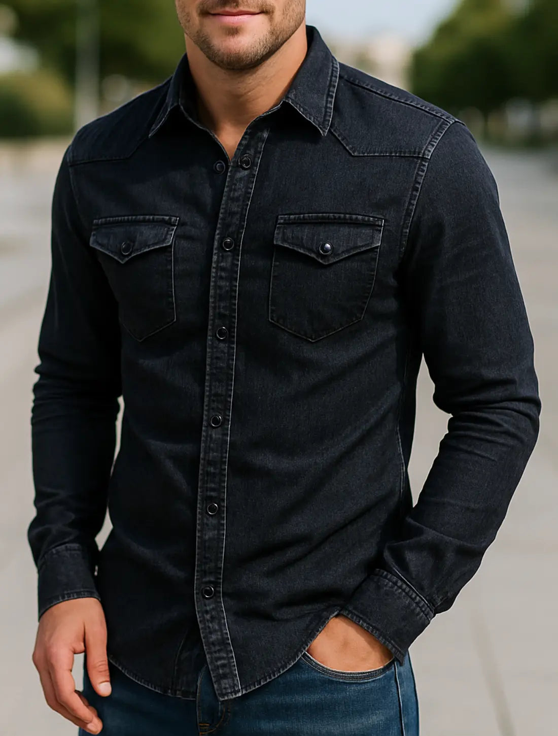 Heren Denim Shirt, Vintage Slim Fit Lange Mouwen Knoop Omhoog, Casual Kapel Top | VIQA VIQA© NEDERLANDZwart-2XL