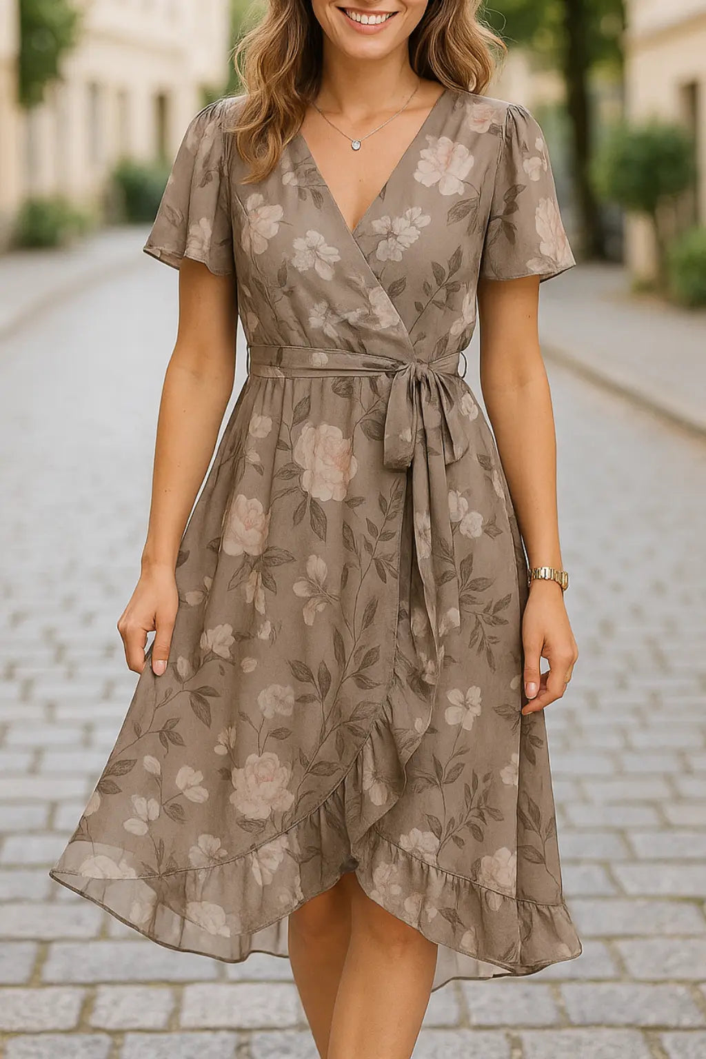 Dames Zomer Bloemen A-Lijn Jurk, Korte Mouwen Los Fit Lange Maxi Jurk Met Stippen | VIQA VIQA© NEDERLANDBruin / 2XL