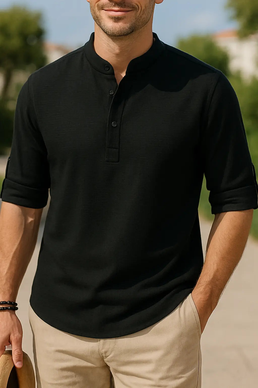 Heren Casual Shirt Met Lange Mouwen, Opstaande Kraag, Knoopsluiting En Halfopen Print | VIQA VIQA© NEDERLANDZwart-2XL