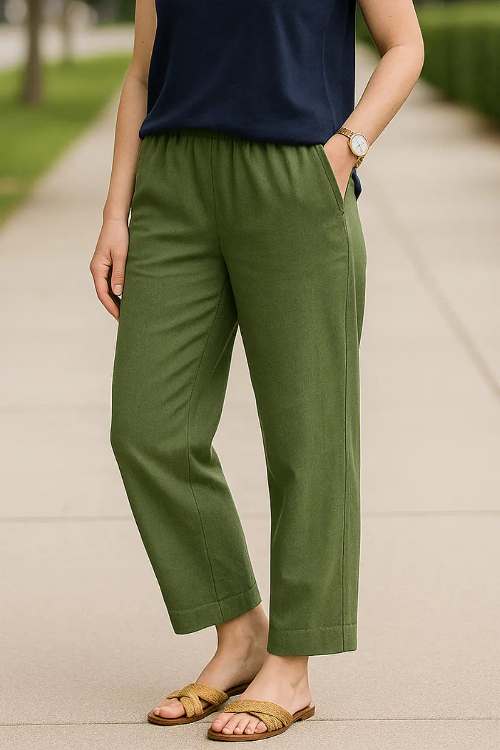 Dames Katoenen Linnen Broek, Losse Broek Met Zakken, Casual Zomerbroek | VIQA VIQA© NEDERLANDGroen / 2XL