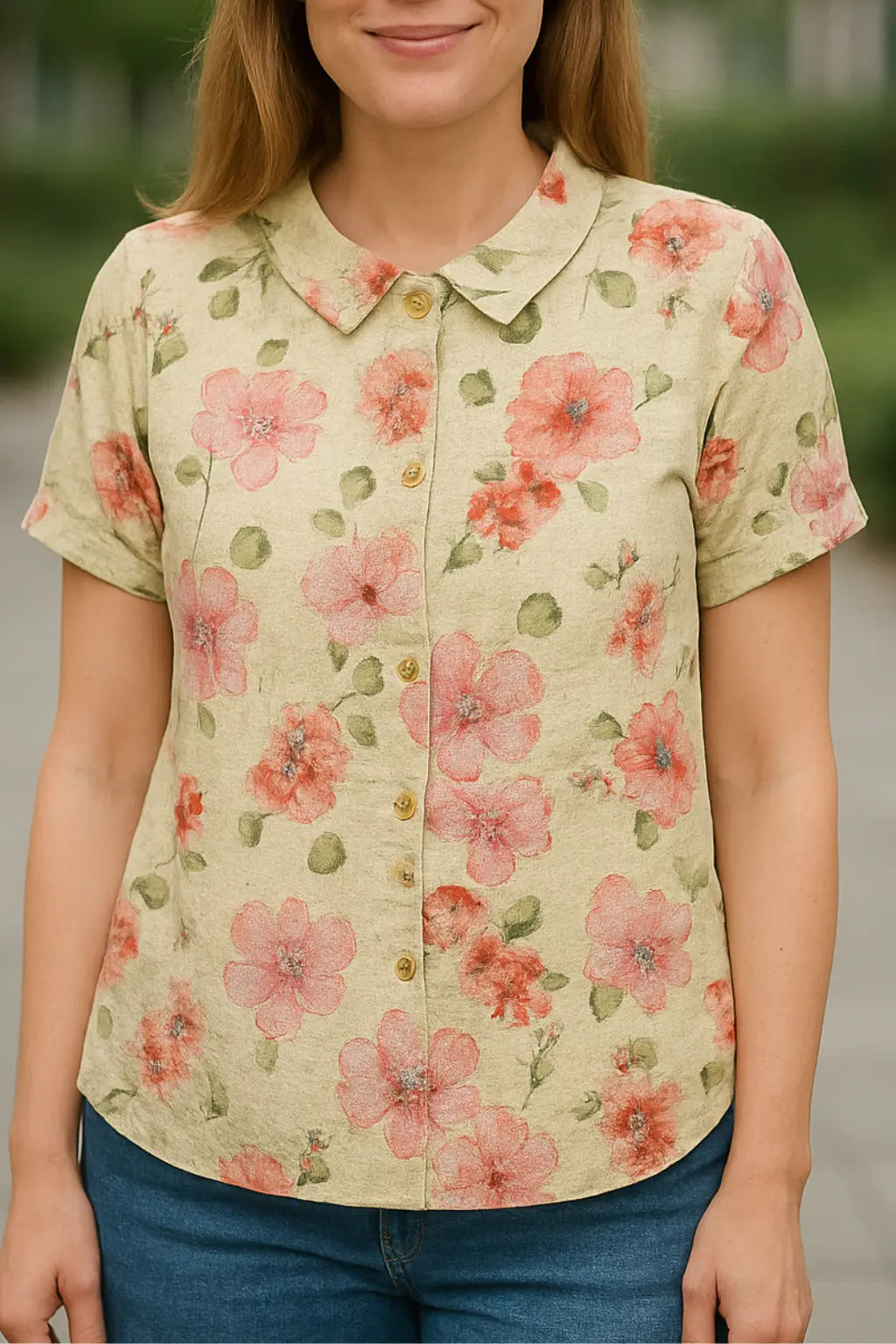 Dames Linnen Bloemen Shirt, Lichtgewicht Korte Mouw Kap Blouse Met Print, Casual Top | VIQA VIQA© NEDERLANDBeige-Bloemen / 2XL