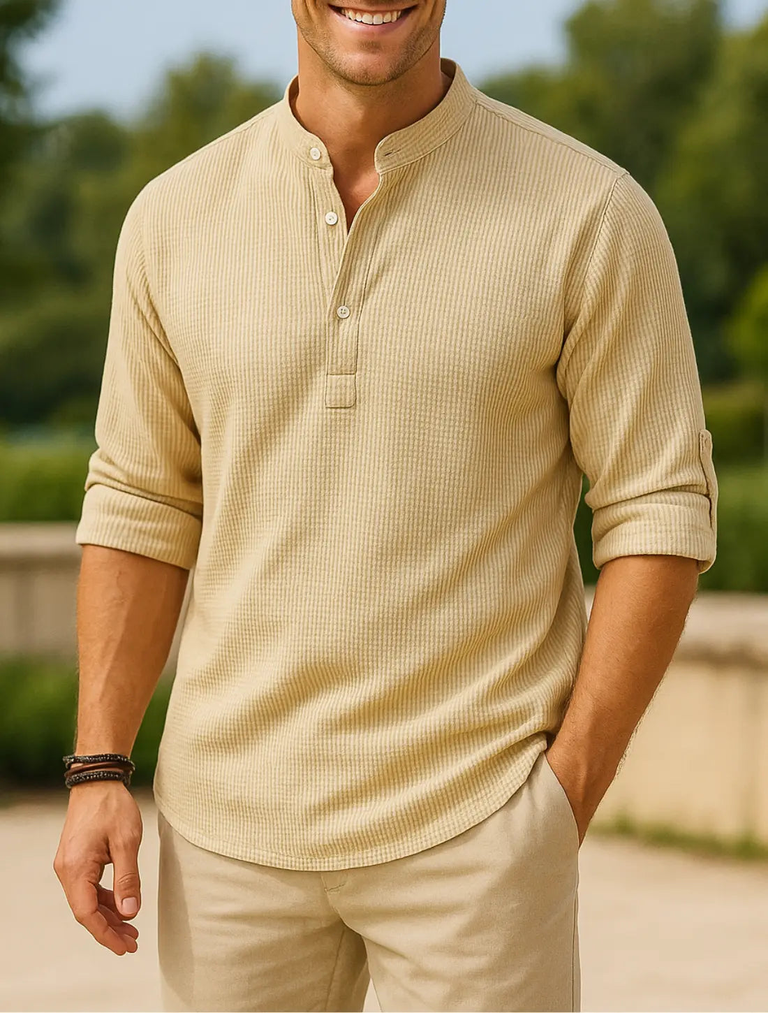 Heren Casual Shirt Met Lange Mouwen, Polka Stip Opstaande Kraag, Stijlvol En Comfortabel | VIQA VIQA© NEDERLANDKaki-2XL