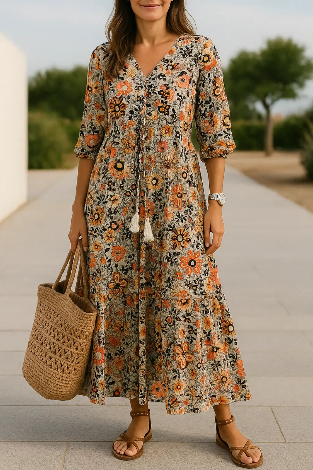 Dames Maxi Zomer V-Hals Bedrukte Jurk, Casual Losse Lange Mouwen Koord Stijl | VIQA VIQA© NEDERLANDBruin / 2XL