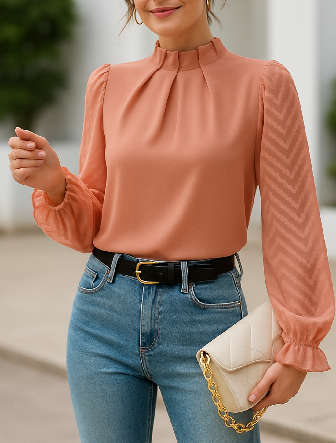 Dames Chiffon Blouse, Elegante Patchwork Golfpatroon Pullover Met Lange Mouwen Voor Op Kantoor | VIQA VIQA© NEDERLAND