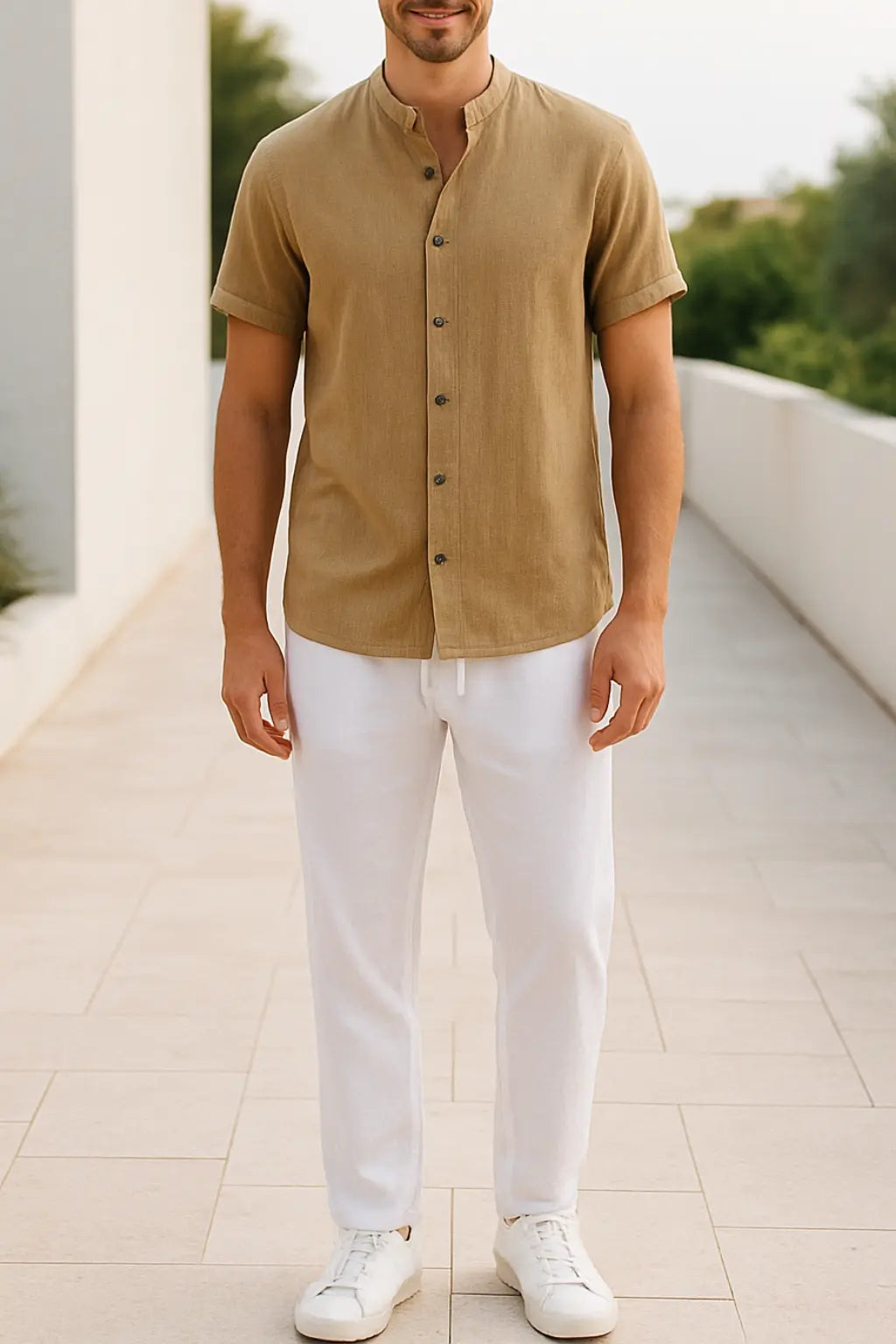 Heren Zomer Tweedelige Set, Katoen-Linnen Shirt Met V-hals En Lange Mouwen En Broek Met Trekkoord, Casual Outfit | VIQA VIQA© NEDERLANDKaki-2XL