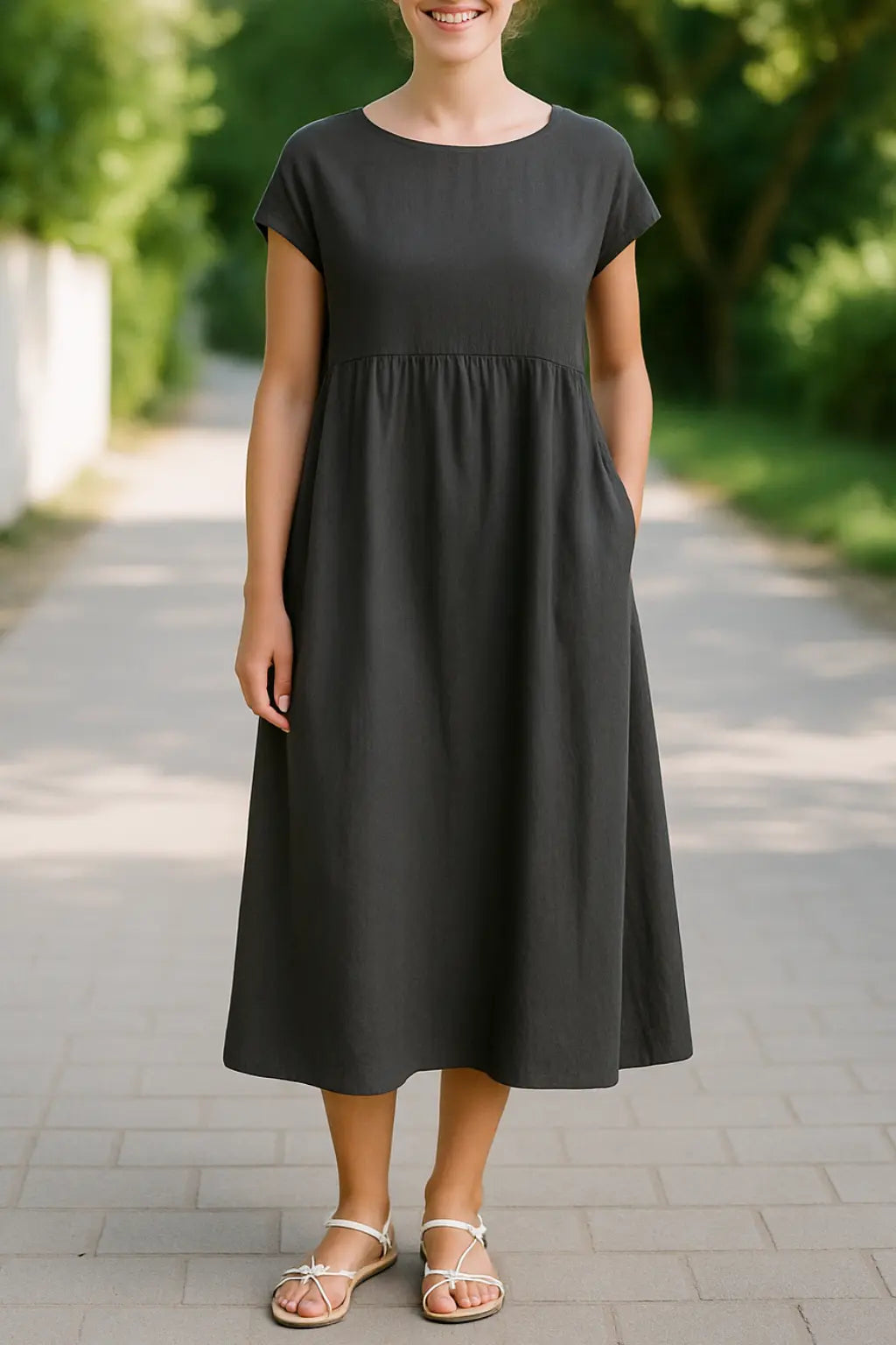 Dames Midi Jurk, Elegante Effen Kleur Met Korte Mouwen, O-Hals En Zakken | VIQA VIQA© NEDERLANDGrijs / 2XL