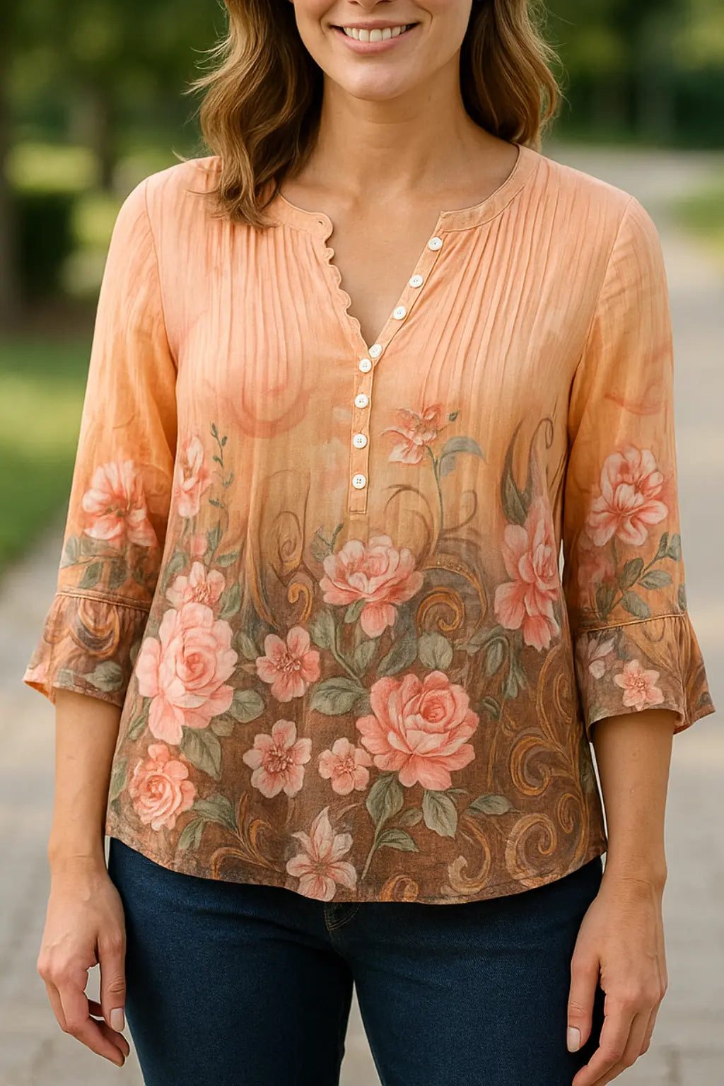 Dames Bloemen V-Hals Blouse, Korte Mouw Knoopdetail Zomer T-Shirt | VIQA VIQA© NEDERLANDOranje / 2XL