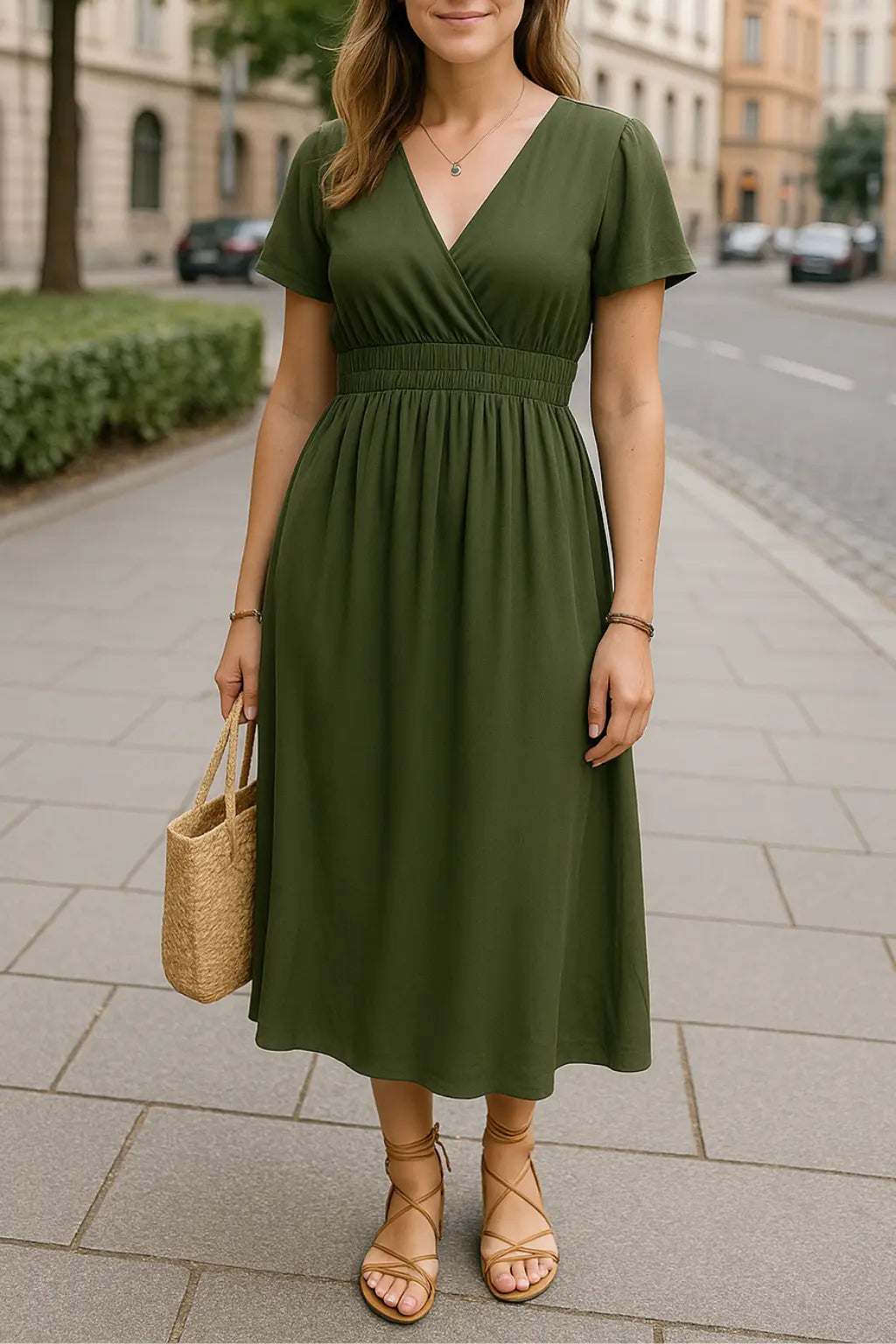 Dames Elegante Maxi Jurk, V-Hals Korte Mouw Effen Zomer Lange Strand Jurk | VIQA VIQA© NEDERLANDGroen / 2XL