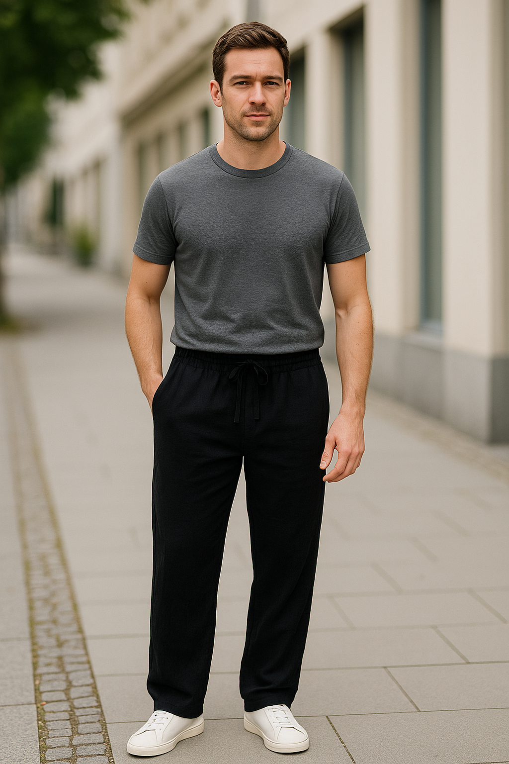 Herenbroek Van Katoen En Linnen, Effen Minimalistische Casual Broek Met Trekkoord En Rechte Pijpen | VIQA VIQA© NEDERLAND