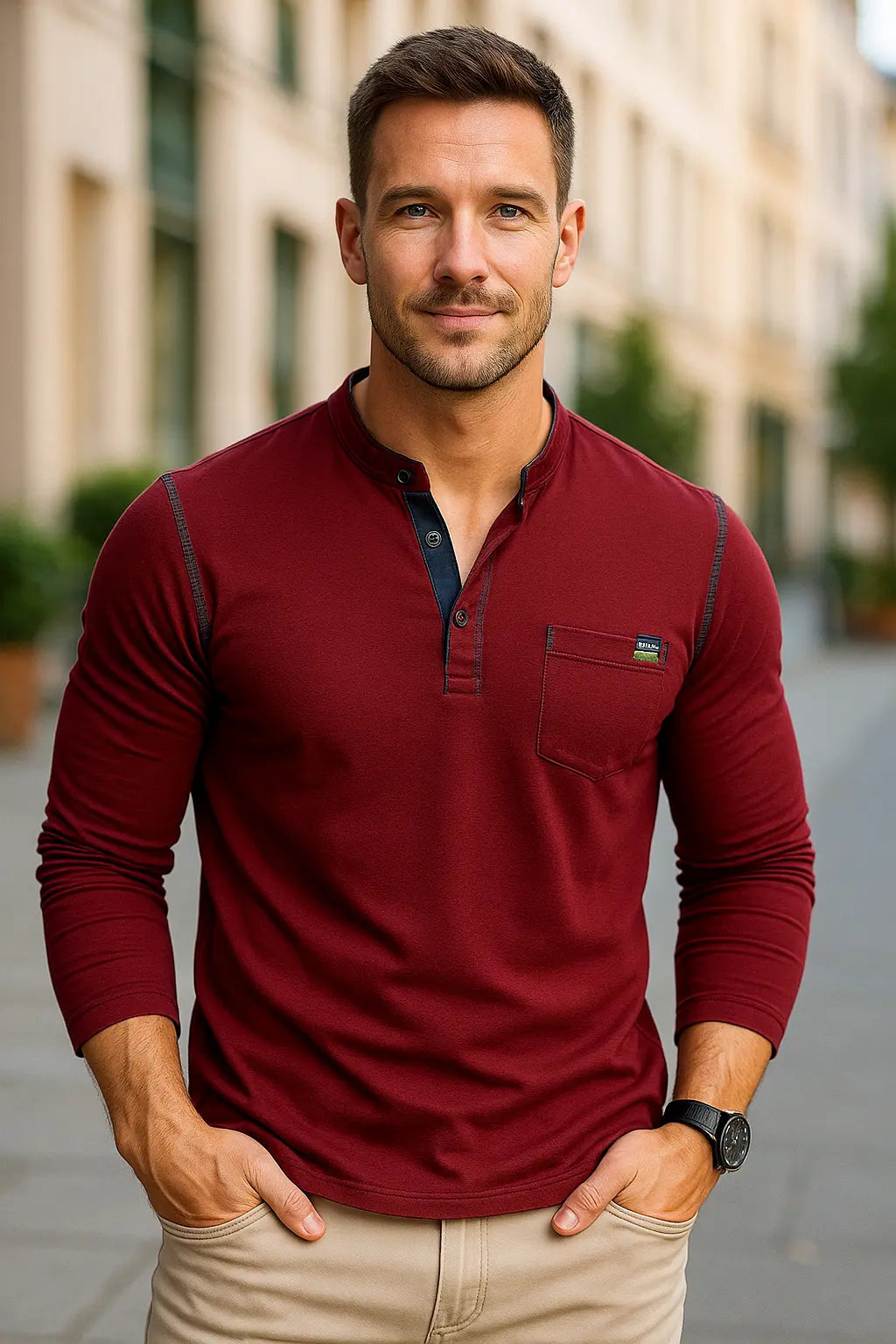 Heren Henley Shirt Met Lange Mouw, Katoenen Pullover T-shirt Met Zak, Casual Top | VIQA VIQA© NEDERLAND