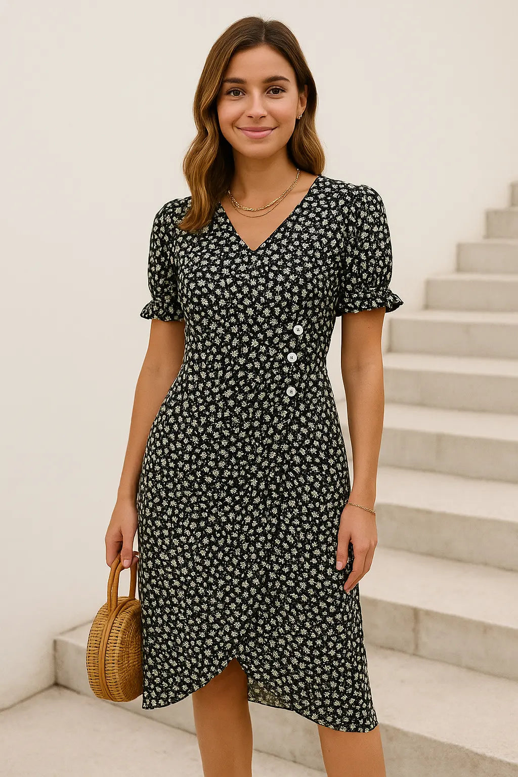 Dames Midi Jurk Met Bloemenprint, Elegante Zomerjurk Met V-Hals, Pofmouwen, Plooien En Knopen | VIQA VIQA© NEDERLAND