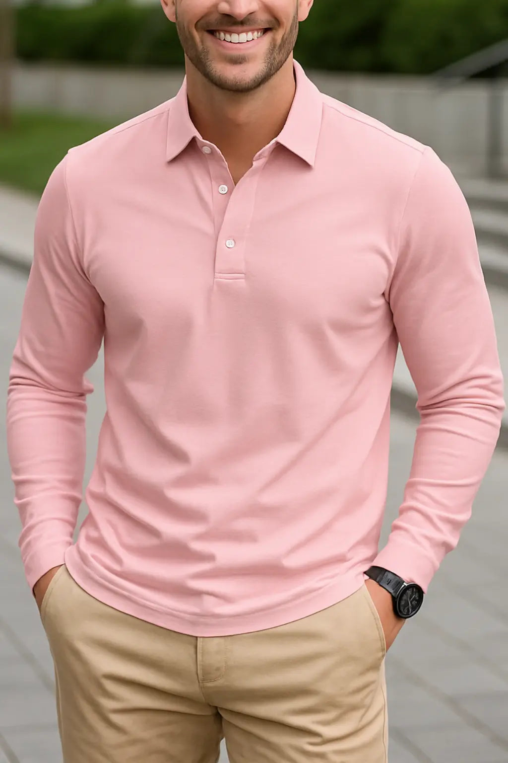 Heren Langmouwen Shirt, Wijde Pasvorm, Kralendetails, Lichtgewicht Top Voor Dagelijks Gebruik | VIQA VIQA© NEDERLANDRoze / 2XL