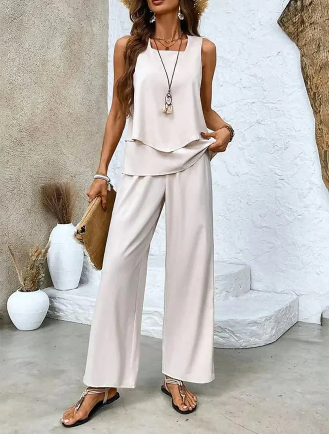 Dames Zomers Tweedelig Setje Met Korte Mouwen VIQA© NEDERLANDBeige-Wit-2XL