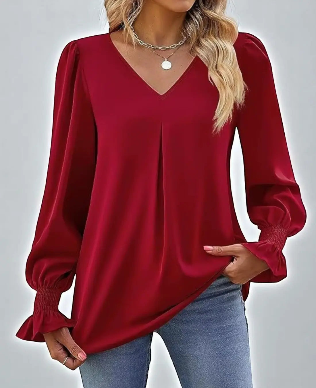 Kristina Dames Zomer V-Hals Blouse Met Lange Mouwen VIQA© NEDERLANDRood-2XL