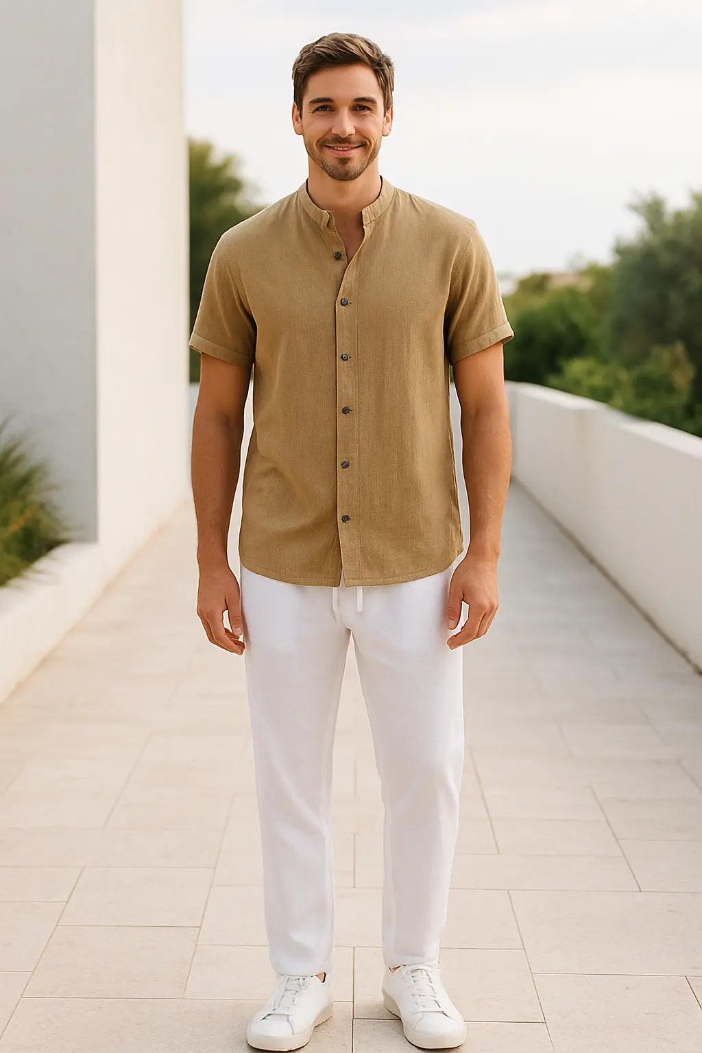 Heren Zomer Tweedelige Set, Katoen-Linnen Shirt Met V-hals En Lange Mouwen En Broek Met Trekkoord, Casual Outfit | VIQA VIQA© NEDERLAND