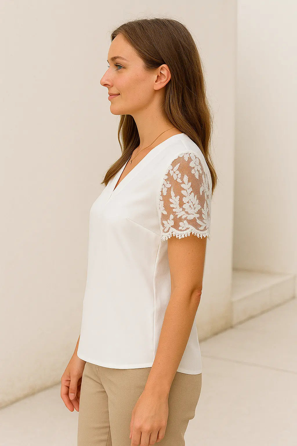 Dames V-Hals Jacquard Top, Effen Kleur Korte Mouwen Blouse, Elegante Zomer Casual Shirt | VIQA VIQA© NEDERLAND