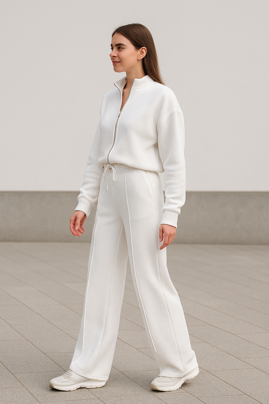 Tweedelige Rrainingspak Set Voor Dames, Sweatshirtjas Met Rits En Broek Met Wijde Pijpen En Trekkoord, Casual Sportkleding Outfit | VIQA VIQA© NEDERLAND