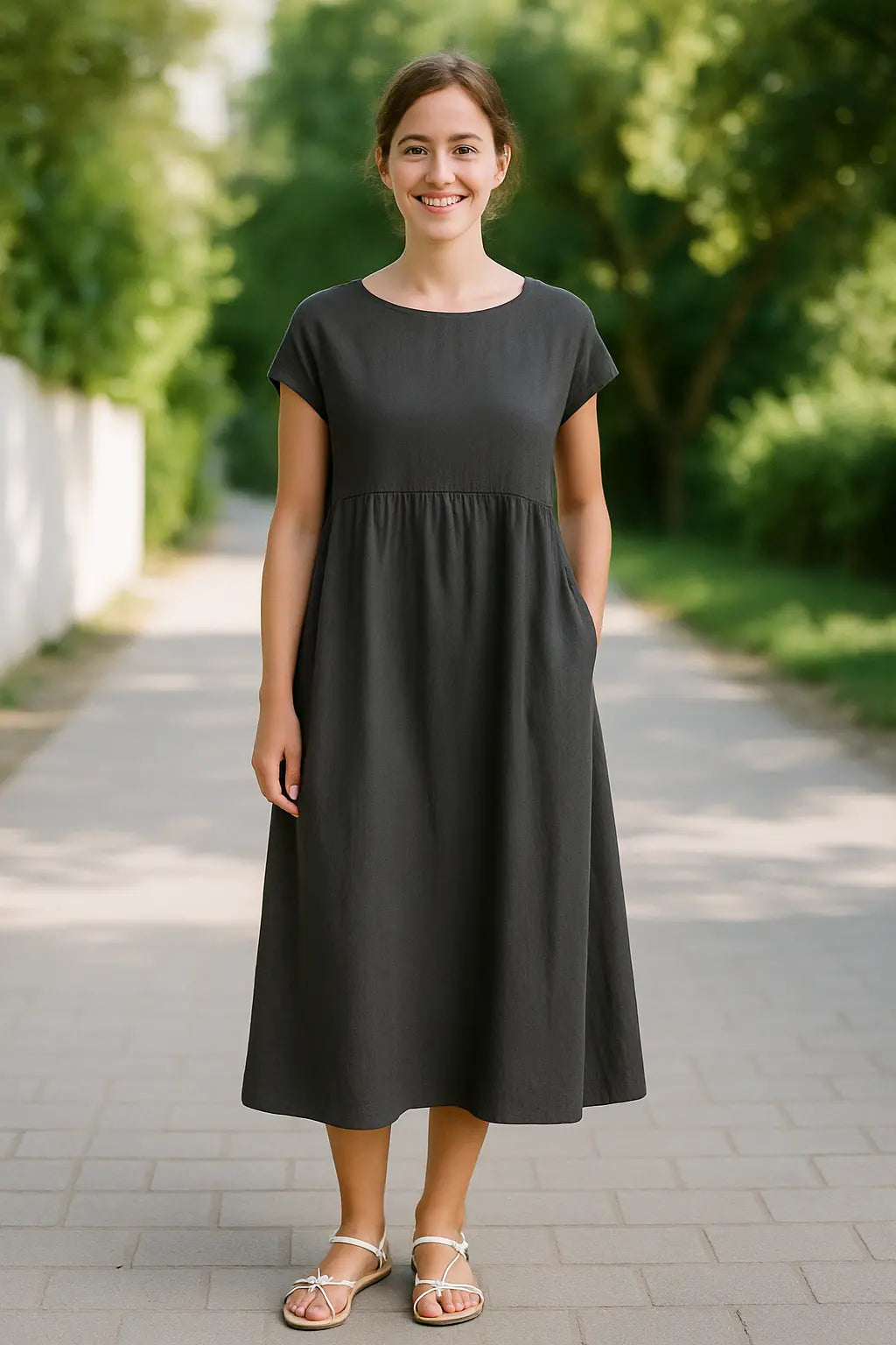 Dames Midi Jurk, Elegante Effen Kleur Met Korte Mouwen, O-Hals En Zakken | VIQA VIQA© NEDERLAND