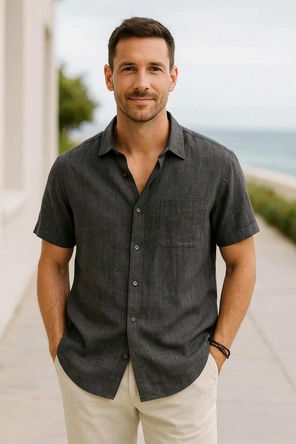 Heren Katoenen Linnen Shirt Met Korte Mouwen, Zomerse Casual Strandkleding, Effen Kleur Gedraaide Kraag | VIQA VIQA© NEDERLAND