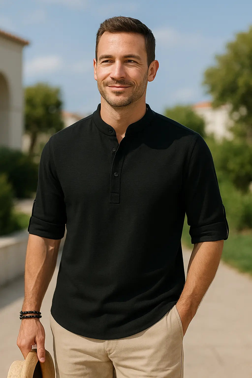 Heren Casual Shirt Met Lange Mouwen, Opstaande Kraag, Knoopsluiting En Halfopen Print | VIQA VIQA© NEDERLAND