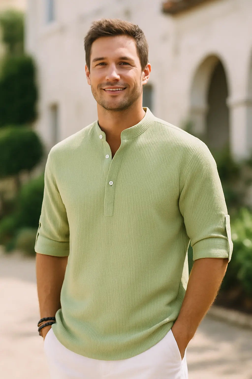 Heren Katoenen Linnen Overhemd, Lange Mouwen Effen Kleur Casual Strand Top Met Staande Kraag | VIQA VIQA© NEDERLAND