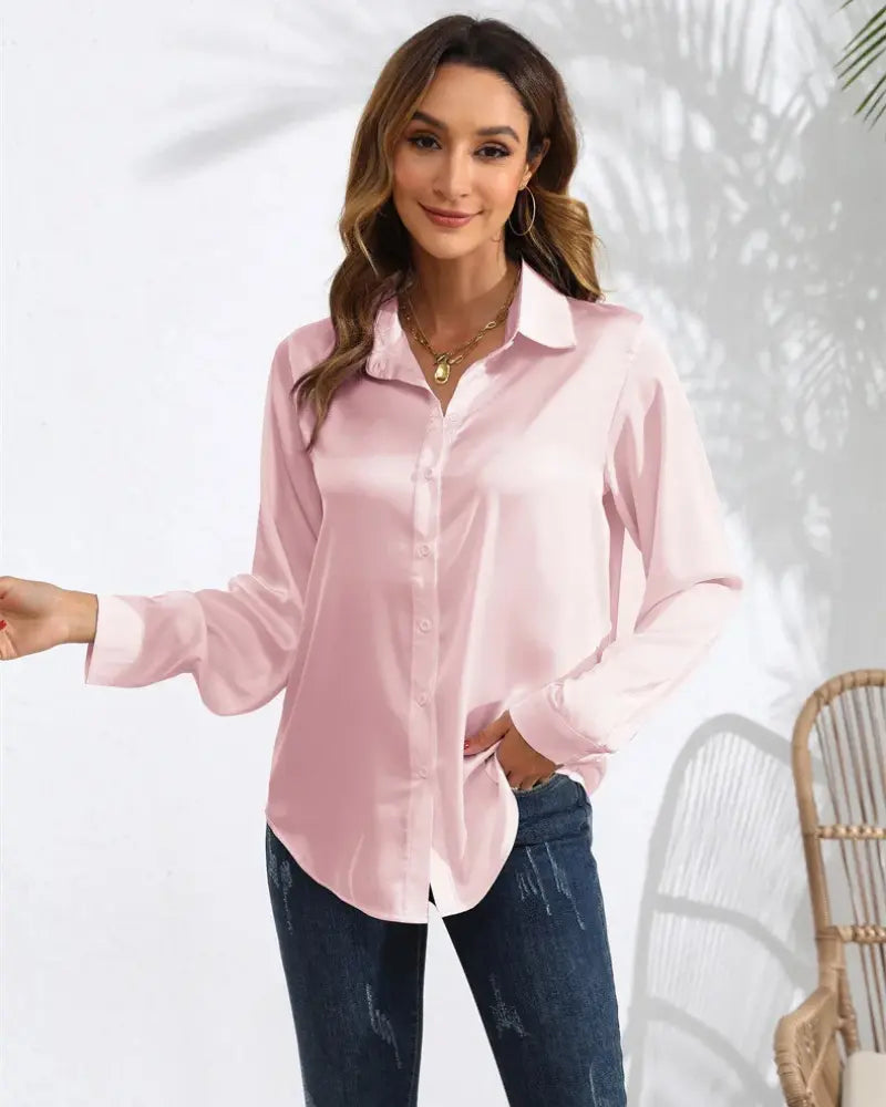 Dames Satijnen Luxe Blouse Shirt Met Lange Mouwen VIQA© NEDERLANDRoze-XXL