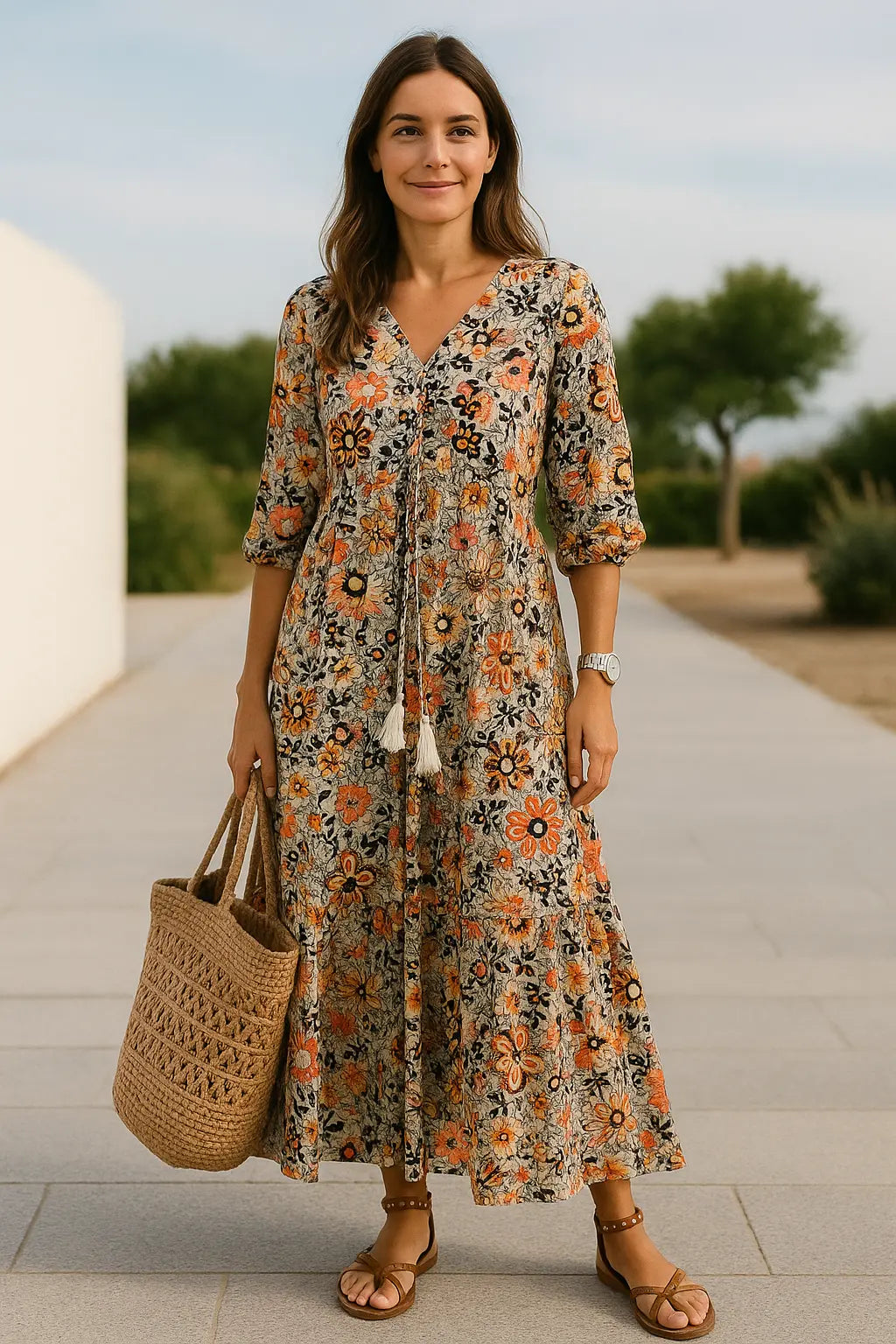 Dames Maxi Zomer V-Hals Bedrukte Jurk, Casual Losse Lange Mouwen Koord Stijl | VIQA VIQA© NEDERLAND