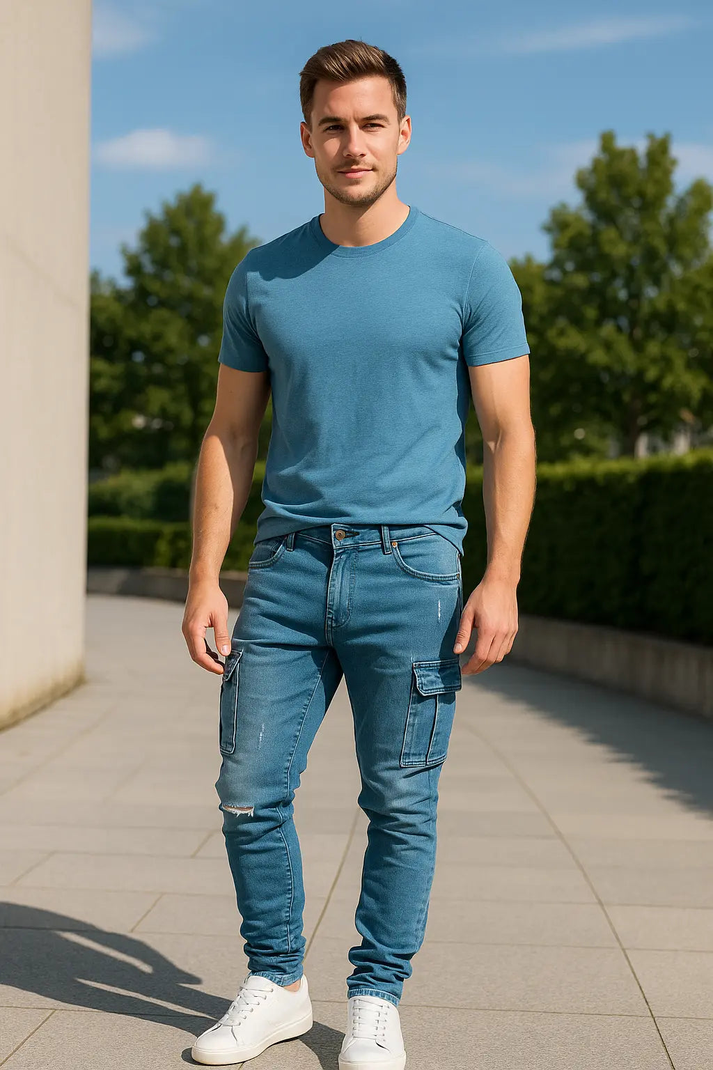 Heren Slim Fit Denim Cargo Broek, Stretch Skinny Jeans Met Zakken, Stijlvolle Casual Taps Toelopende Pasvorm | VIQA VIQA© NEDERLANDBlauw-2XL