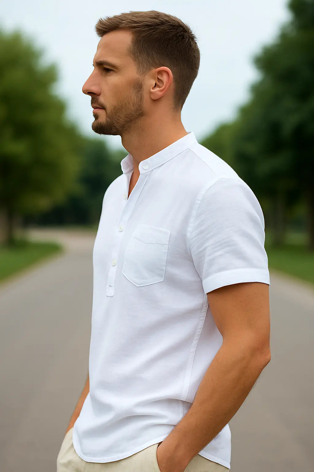 Heren Linnen Katoenen Henley Shirt, Korte Mouw Effen Kleur Strandkleding, Casual Street Style | VIQA VIQA© NEDERLAND