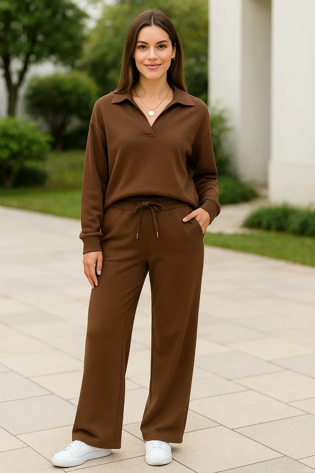 Tweedelige Set Voor Dames, Top Met V-Hals En Lange Mouwen, Elastische Tailleband Met Trekkoord En Wijde Broek Met Elastische Tailleband | VIQA VIQA© NEDERLAND