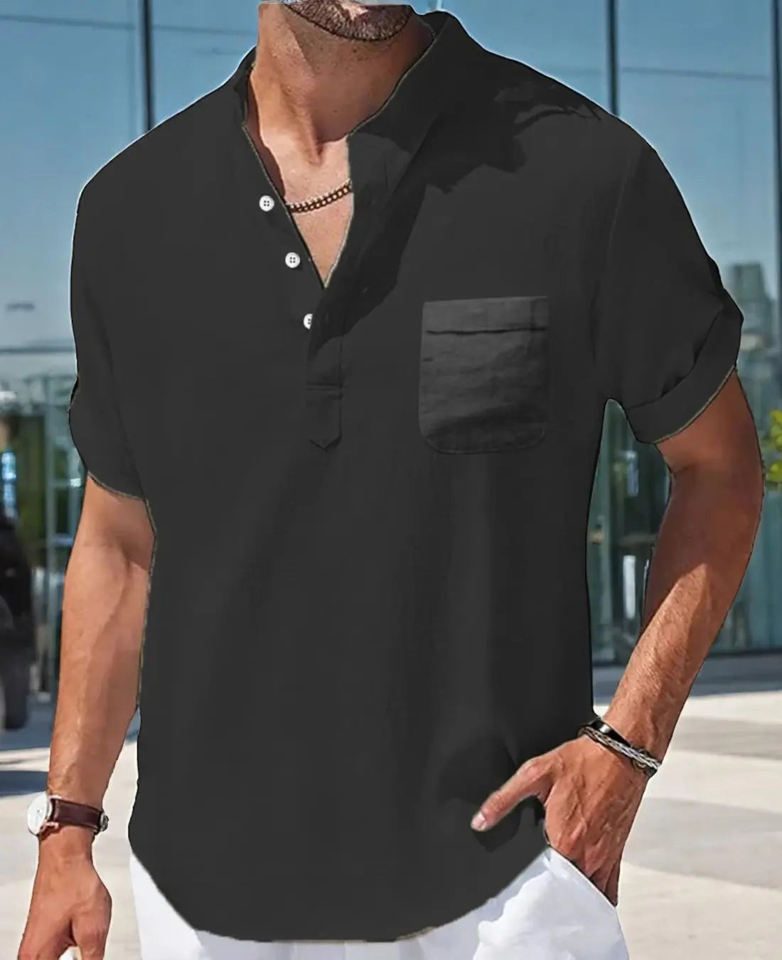 Heren Zomer Linnen Shirt, Casual Korte Mouwen, Ademende Staande Kraag Top Met Zak | VIQA VIQA© NEDERLANDZwart-2XL