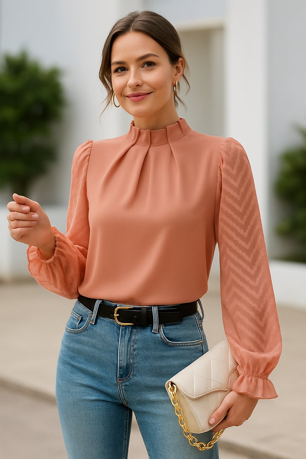 Dames Chiffon Blouse, Elegante Patchwork Golfpatroon Pullover Met Lange Mouwen Voor Op Kantoor | VIQA VIQA© NEDERLAND