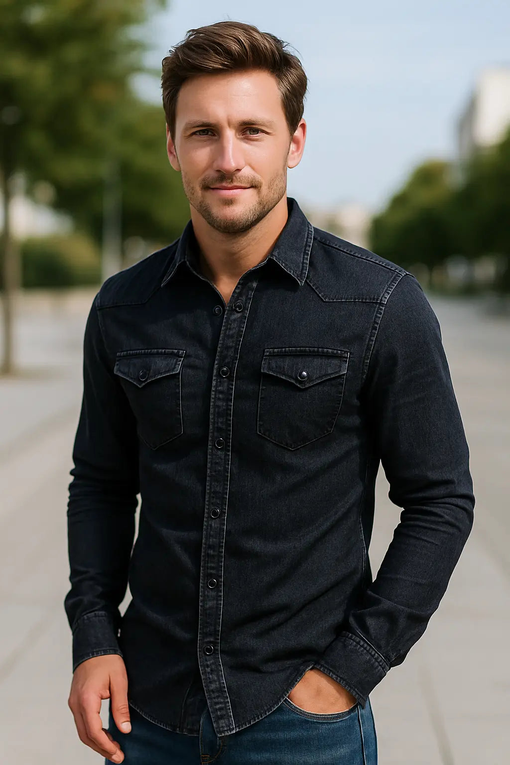 Heren Denim Shirt, Vintage Slim Fit Lange Mouwen Knoop Omhoog, Casual Kapel Top | VIQA VIQA© NEDERLAND