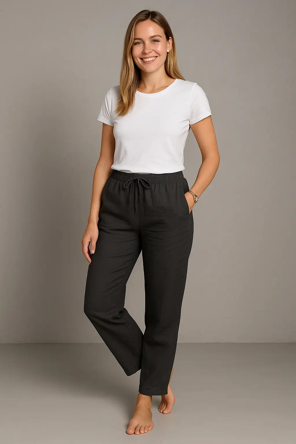 Eva Dames Zomer Linnen Ademend Comfort Broek VIQA© NEDERLANDZwart-2XL