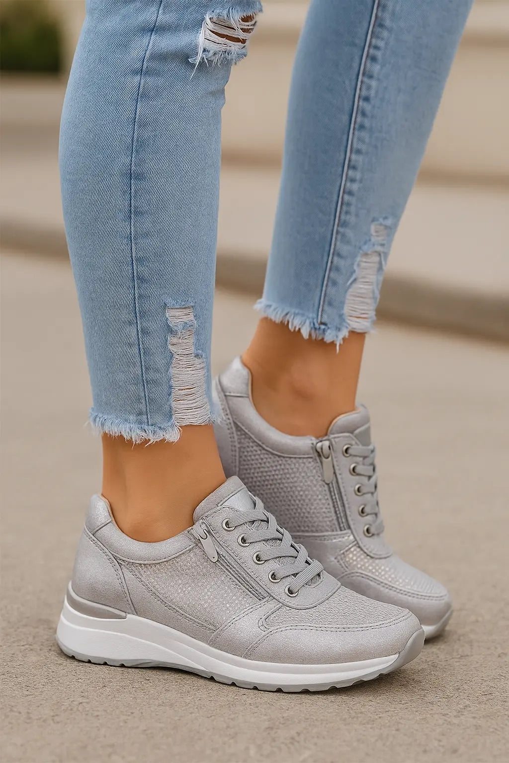 Damessneakers Voor In De Zomer, Platformschoenen Met Vetersluiting, Effen Kleurentrainers | VIQA VIQA© NEDERLANDGrijs / 43