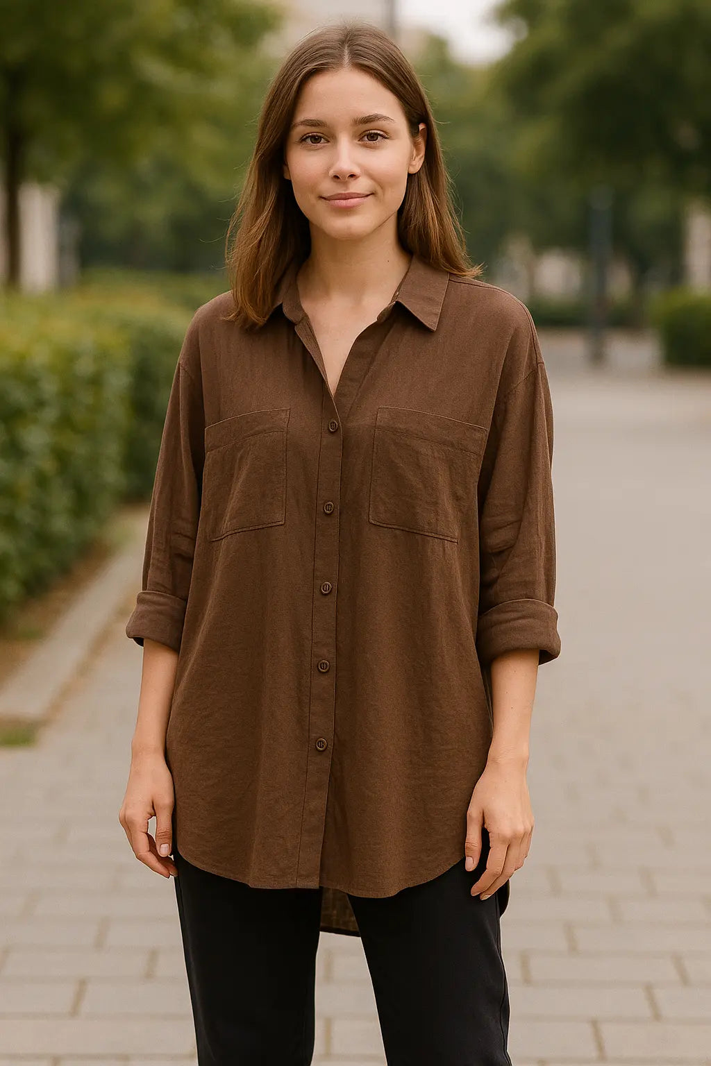 Dames Lange Mouw Shirt, Turn Down Kraag Stevige Blouse, Single Breasted Mid Lengte Top | VIQA VIQA© NEDERLAND
